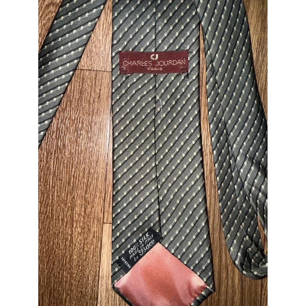 Charles Jourdan Paris Mens Silk Tie Olive Green Diagonal Stripe Made in Italy